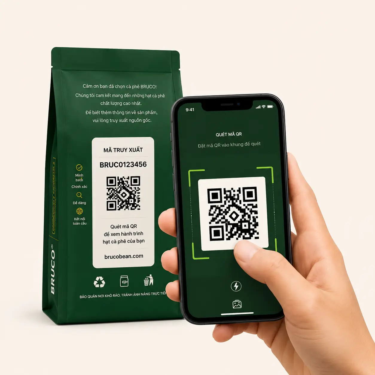 Scan the QR code on the Bruco coffee bag